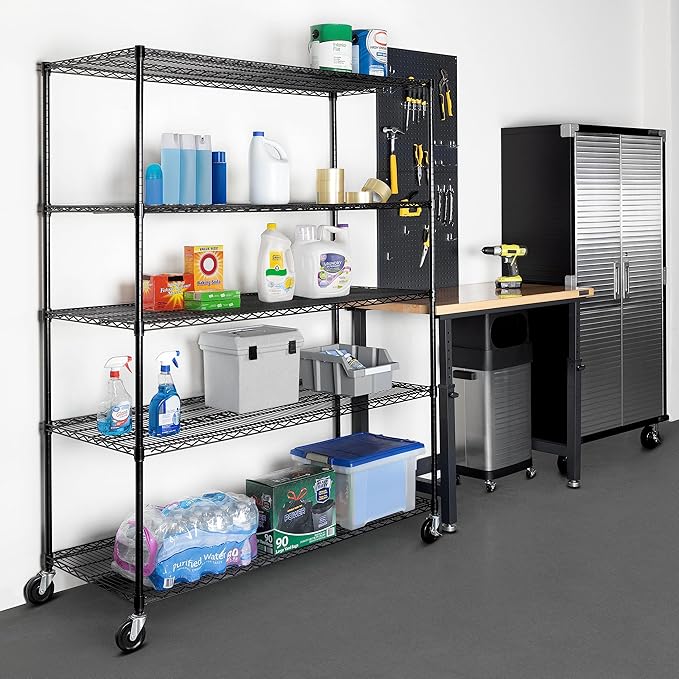 Seville Classics UltraDurable Heavy Duty NSF Solid Steel Wire Rack Storage Unit, Organizer for Garage, Warehouse, Office, Restaurant, Classroom, Kitchen, Black, 5-Tier Shelving, 60" W x 24" D