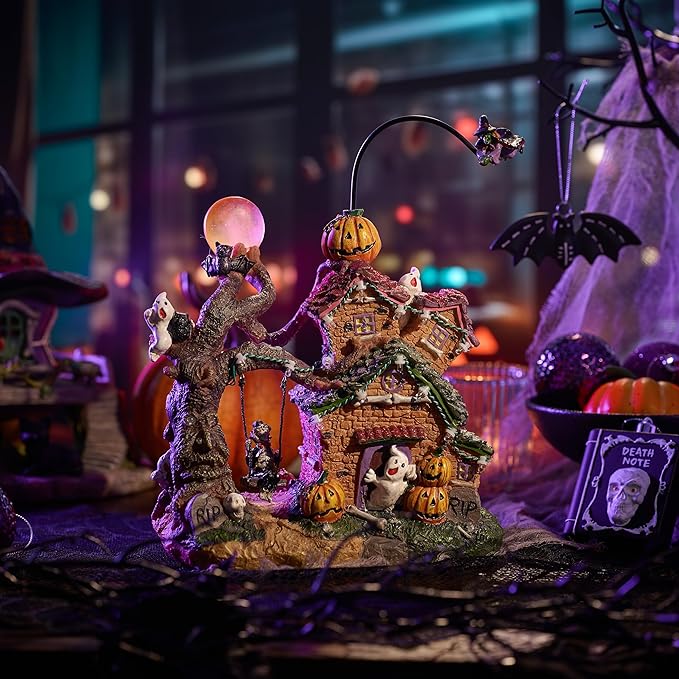 Valery Madelyn Halloween Decorations, Lighted Halloween Village Houses with Music and LED Lights, Resin Spooky Town Flying Witch and Haunted House for Home and Party Table Desk Mantel, 12 Inch