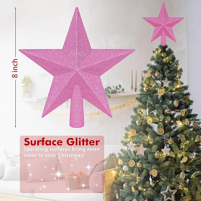 Christmas Tree Decoration, 8" Pink Christmas Tree Topper Star Accessories, Xmas Glitter 3D Bethlehem Tree Ornament, Waterproof Holiday Christmas Tree Topper Star Decorations for Home Indoor Outdoor