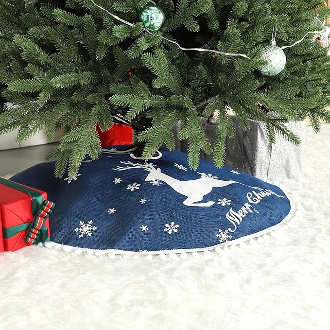 24 Inch Christmas Tree Skirt, Burlap Blue Christmas Rustic Tree Skirt with Elk Deer and White Snowflake Printed for Holiday Party Xmas Tree Decoration