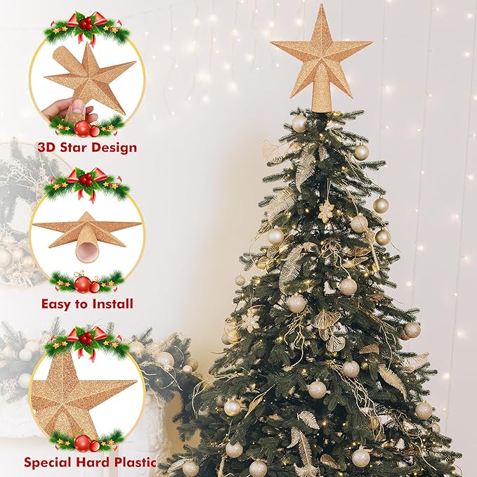 Christmas Tree Decoration, 6" Champagne Christmas Tree Topper Star Accessories, Xmas Glitter 3D Bethlehem Tree Ornament, Waterproof Holiday Christmas Tree Topper Star Decorations for Home Decor