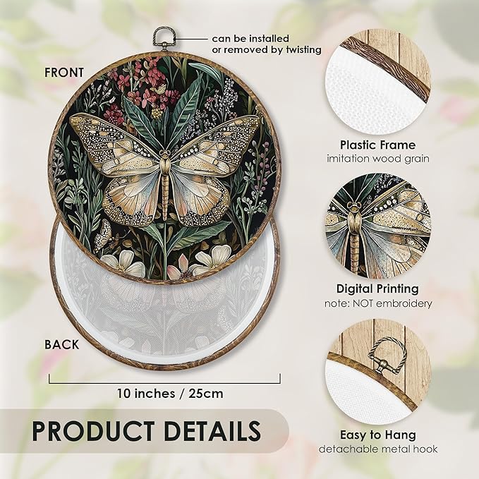 Fewgb Vintage Dark Moody Butterfly Round Wall Art Decor Framed for Bedroom Kitchen, Dark Cottagecore Academia Canvas Wall Art Prints Picture, Gothic Botanical Hanging Room Decor Artwork 10x10