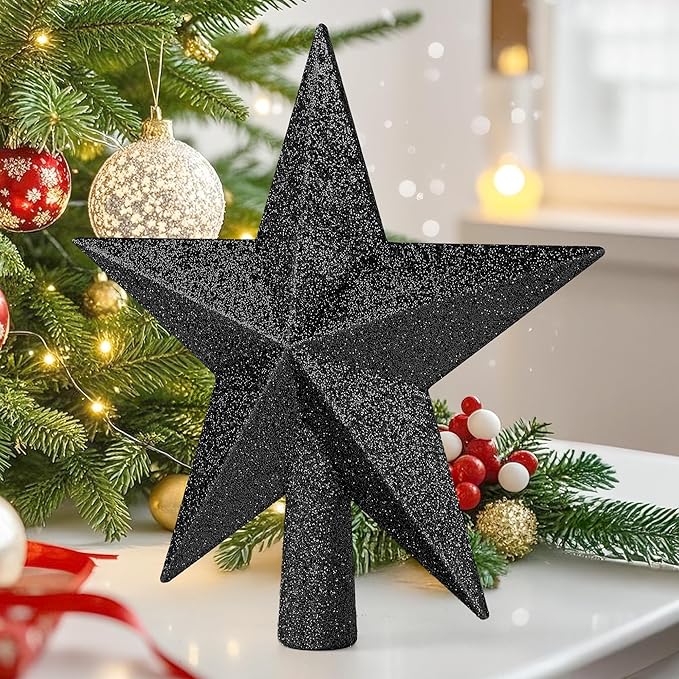 Christmas Tree Ornament, 8" Black Christmas Star Tree Topper Accessories, Xmas Glitter 3D Bethlehem Tree Topper Ornament, Waterproof Holiday Christmas Tree Topper Star Decor for Home Indoor Outdoor