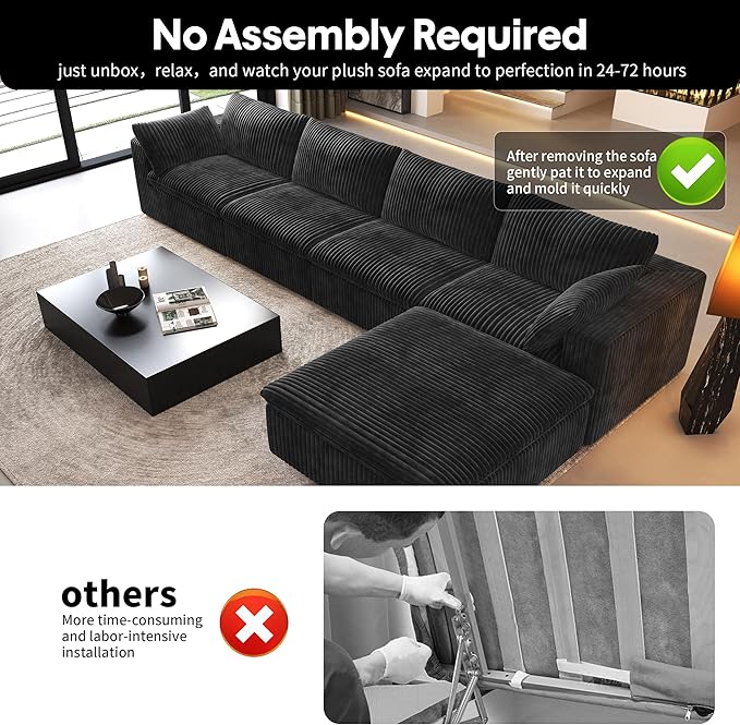 157.5" L Shaped Modern Sofa Modular Sectional Cloud Couch with Ottoman,Deep Seat Upholstered Couches with Corduroy Fabric for Living Room Furniture,Bedroom and Apartment,No Assembly Required,Black