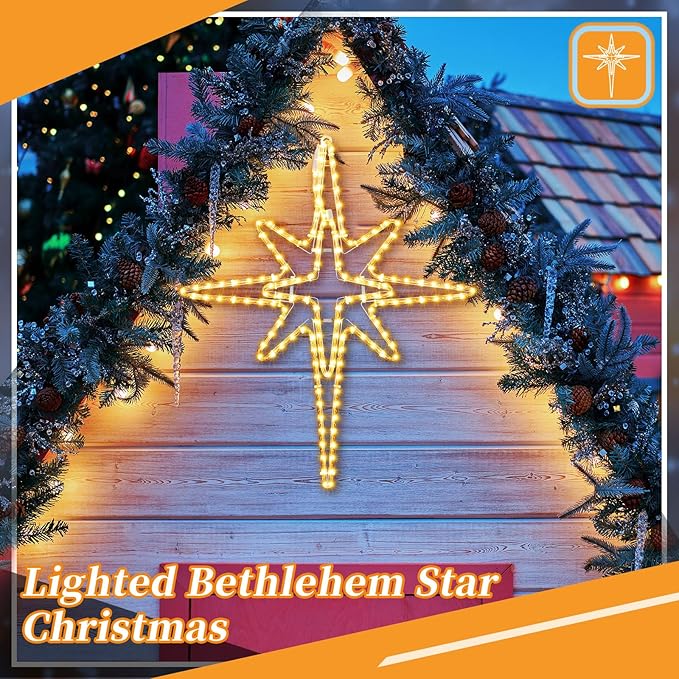 28" Christmas Star of Bethlehem LED Star Hanging Lights Nativity Holy Family Light for Door Window Porch Wall Decoration Plug Operated Lighted Hanging Tree Topper(Warm Light)