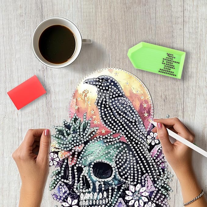 SENQAO Crow Diamond Art Hanging Kit for Adult, Special Shaped Rhinestone, Double Sided DIY Acrylic Diamond Art Painting Window Pendants Home Garden Wall Hanging Kits Hanging Ornament (Raven Skull)