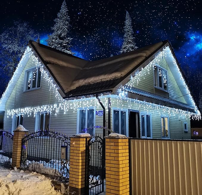 99ft 1216LED Icicle Lights for Outside, White Christmas Lights for House Patio Yard Porch Backyard Holiday Garden Xmas Exterior Decoration, Waterproof Twinkle Cluster Light Hanging Light All Year