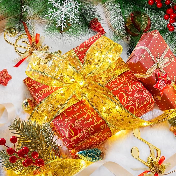 Minetom Christmas Tree Ribbon String Lights - 33ft 100 LED Battery Powered Fairy Lights with Timer and 8 Lighting Modes, Christmas Ribbon Bows Lights for 6ft - 8ft Christmas Tree New Year Decor, Gold