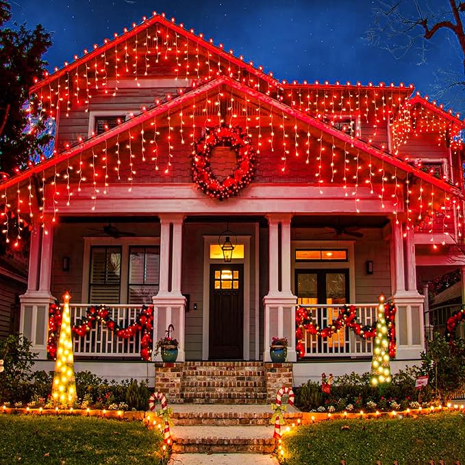 33ft Icicle Lights for Outside, Red Christmas Lights Outdoor Waterproof for House, 400 LED Twinkle Tree Lights with 75 Drops Clear Wire Short Curtain Light for Room Home Wall Indoor Decorations