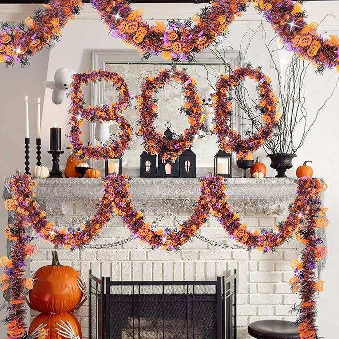 33 FT Halloween Tinsel Garland Decorations,Orange Purple Black Halloween Garland with Pumpkins, Bat, Spider Shiny Metallic Garlands for Indoor Outdoor Decorations