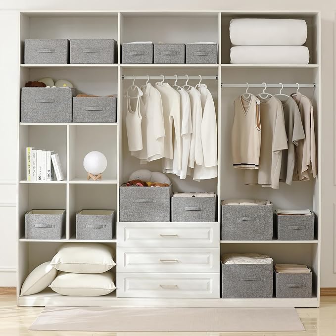 Linen Folding Storage Bins, 3 Pack Large Storage Baskets, Washable, Clothing Storage Bins with Handle, Closet Organizer for Storage Sweater,Sheets(dark grey, 18½"x11" x8½")