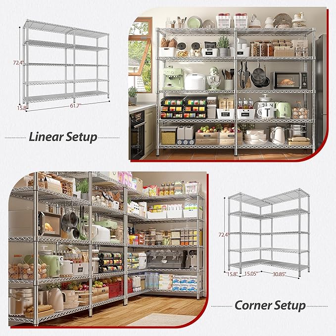 REIBII 1500LBS Storage Shelves 61.7''W Wire Shelving Unit 5 Tier Metal Shelving for Storage Rack Shelves Heavy Duty Garage Shelf Pantry Shelves Kitchen Shelving, 61.7" W*72.4" H*15.8" D, Chrome