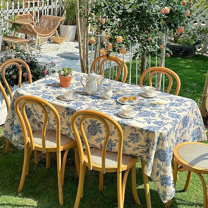 Blue and White Rectangle Tablecloth, Waterproof Outdoor Table Cloth, Dining Table Cover for Farmhouse, Wedding, Dinner, Picnic - Spring/Summer, 54"x72", Blue Flower