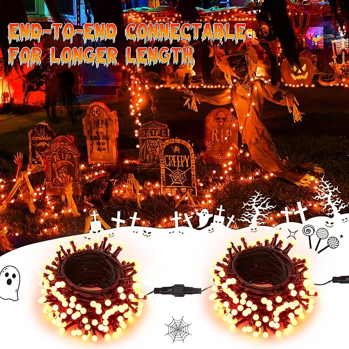 Brizled Orange Halloween Lights, 66ft 200 LED Orange Lights String Connectable, 8 Modes Outdoor Halloween Lights, Berry String Lights with Timer Plugin for Garden Tree Indoor Party