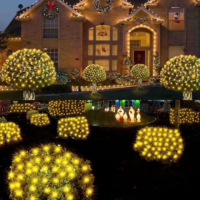 WBao Solar Christmas Lights Outdoor 200LED 8.4ft x 5.2ft Christmas Net Lights with Remote, 8 Lighting Modes, Timer, Waterproof for Lawn, Bushes, Shrubs, Trees Outdoor Christmas Decorations, Warm White