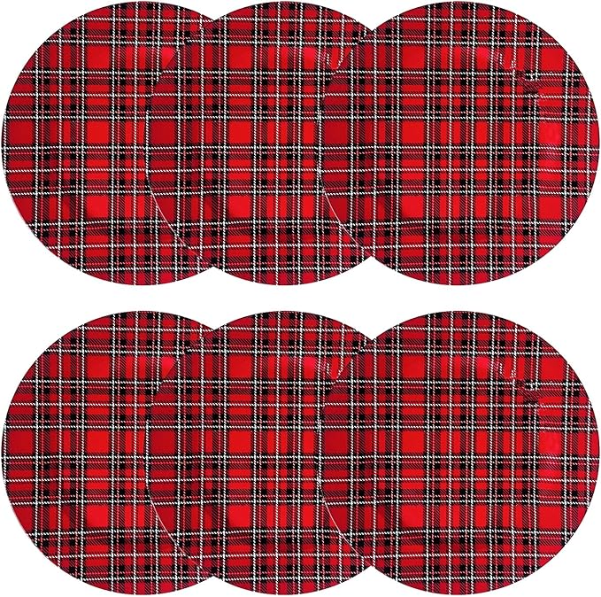 Henilosson Round 13 inch Charger plate - Classic Red Plaid design Charger - Christmas and New Year placemat (6, red+line)