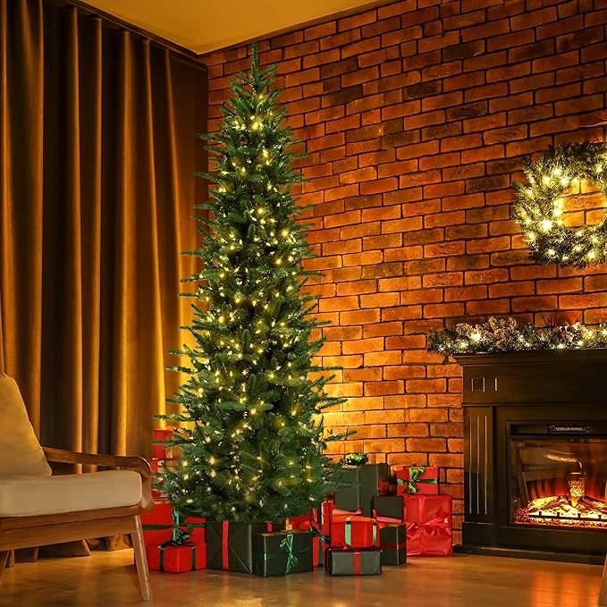 Fraser Hill Farm 9-Ft. Carmel Pine Slim Artificial Christmas Tree with Warm White LED Lights and Stand, Prelit Foldable Fake Tree with Realistic Foliage for Home Decoration