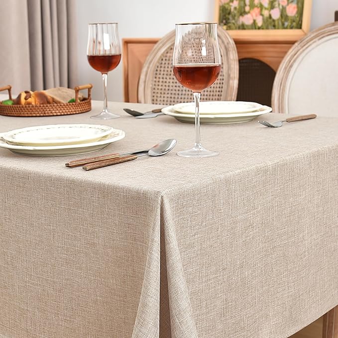Fitable Faux Linen Beige Tablecloths 2 Pack, Faux Burlap Fabric Table Clothes for Rectangle Tables, Rustic Wrinkle-Proof Table Covers for Kitchen Dining, Party, Farmhouse, Baby Shower (54 x 78 Inch)