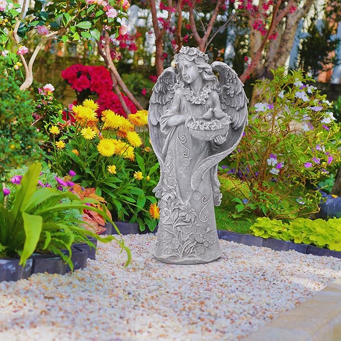 Outdoor Statues Angel Décor Garden Statue- 23.5" H Angel Statue,Resin Angel with Bird Figurine, Ideal for Yard, Patio, Deck, Home Entryway, and Hallway(Grey)