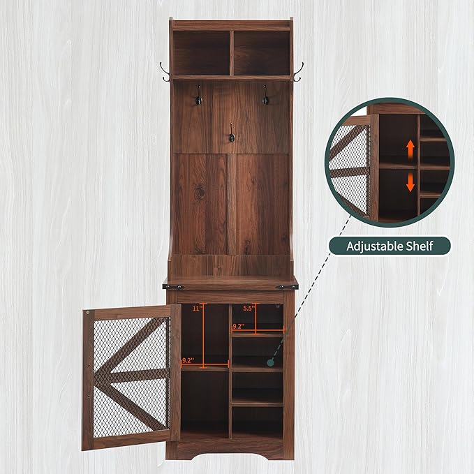 JXQTLINGMU 23" Farmhouse Hall Tree with Shoe Storage, Entryway Bench with 6 Cubbies, 5 Hooks & Barn Doors, Mudroom Coat Rack Cabinet, Brown