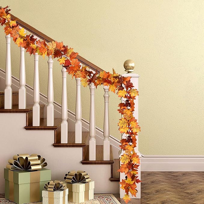 2 Pack Fall Maple Garland - 5.9ft/Piece Artificial Maple Leaf Garland Autumn Hanging Fall Leave Vines for Indoor Outdoor Wedding Thanksgiving Dinner Party Decor