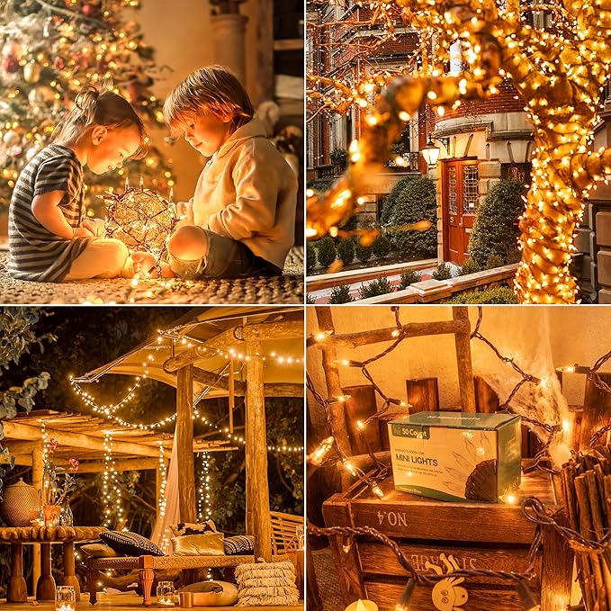 YOUNGAR 13FT 50 Clear Christmas Lights Outdoor, UL Approved Christmas Tree Lights with Brown Wire, Incandescent Mini Light Plug in for Indoor Outdoor Tree Patio Garden Xmas Decor