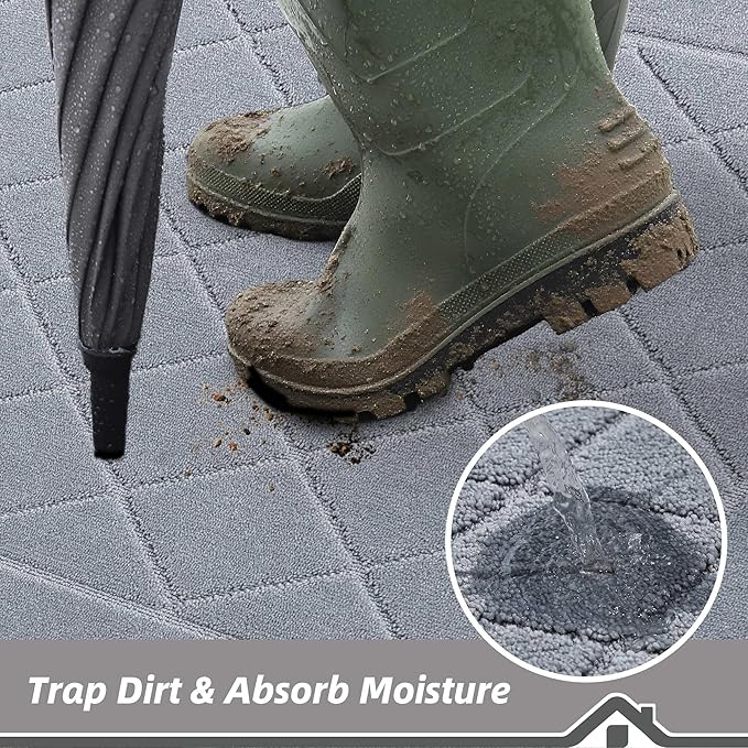BEQHAUSE Dirt Trapper Door Mat 24" x 36", Doormat Non-Slip Entryway Rugs Washable, Dog Door Mat Stain Resistant and Absorbent Welcome Floor Mat for Front Back Door, Muddy Wet Shoes & Paws, Grey