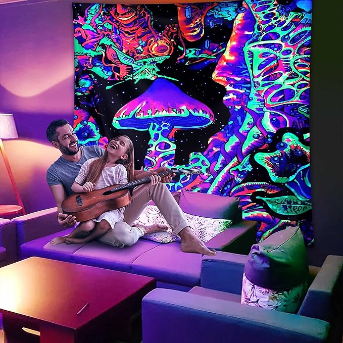 ADDWel Blacklight Mushroom Tapestry, Fantastic Upright Tapestry Glow In The Dark, UV Reactive Black Light Tapestries Posters Wall Hanging for Backdrop Bedroom Dorm Living Room Decor(50"x60")