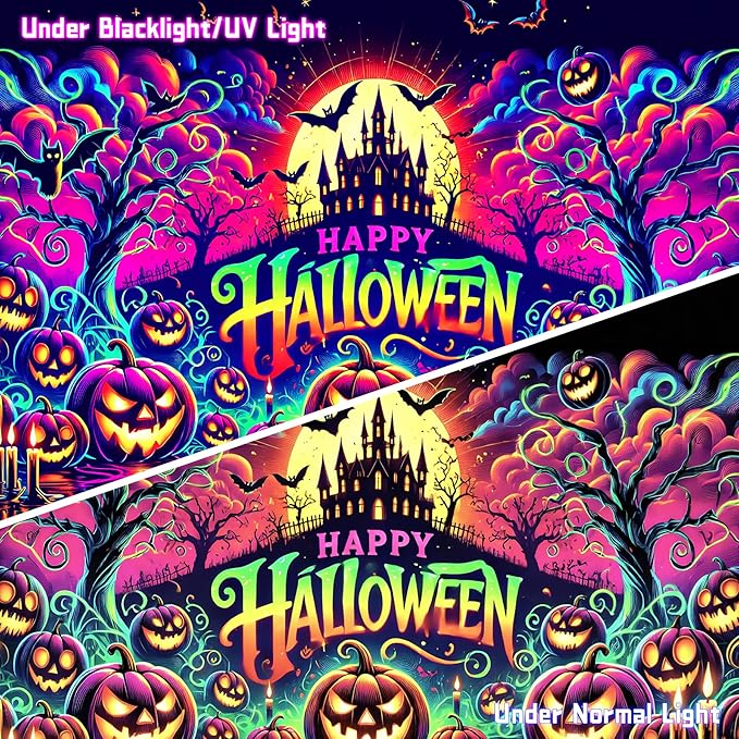 AOHMPT Glow-in-the-Dark Halloween Tapestry - UV Reactive Black Light Wall Hanging Decor for Spooky Parties, Bedroom, Living Room (Pumpkin-Castle, 79L x 59W, Unframed)