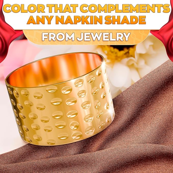Hammered Gold Napkin Rings Set of 8 – Elegant Design | Durable Metal | 1.8" x 1.1" Sturdy Holders for Weddings, Holiday Dinners, and Formal Events, Adding a Luxurious Touch to Any Table Setting