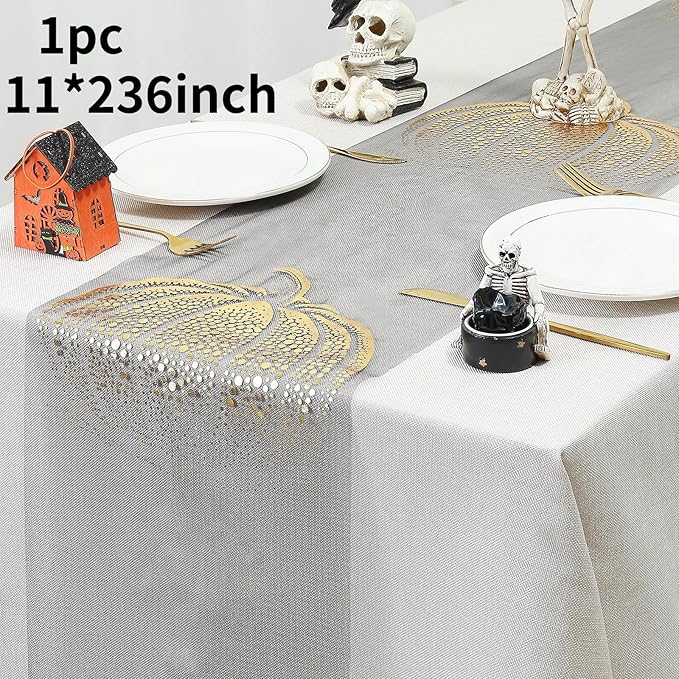 Halloween Pumpkin Table Runner Foil Metallic Thin Mesh Runners Fall Autumn Maple Leaves Table Runners for Tables Kitchen Dining Decorations Party Supplies 11*108"