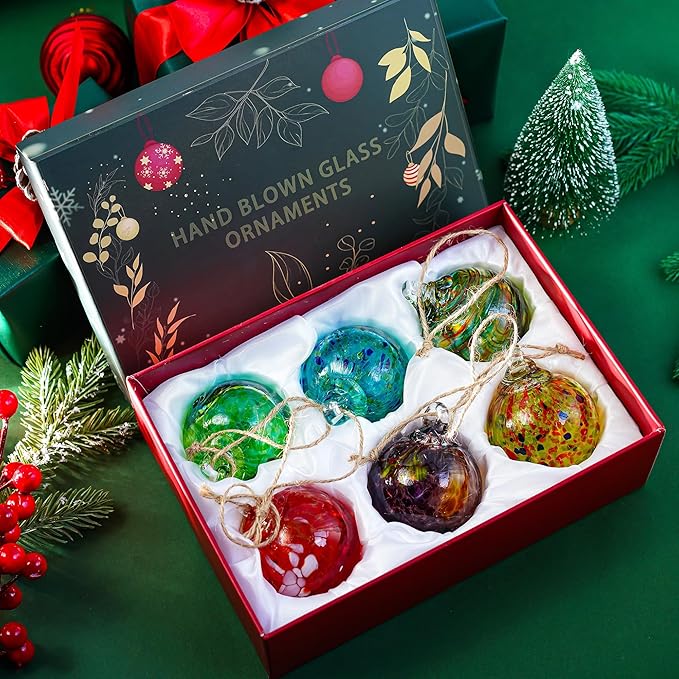 6pcs Hand-Blown Glass Christmas Ornaments Balls Hanging Friendship Balls Glass Witches Ball Gazing Ball for Home Window Outdoor Garden Patio Décor Gifts for mom