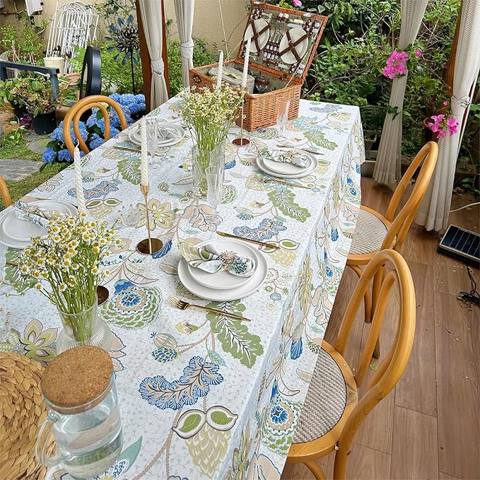 Boho Rectangle Outdoor Tablecloth, Waterproof Spill-Proof Table Cloth, Linen Polyester Floral Decorative Fabric Table Cover for Outdoor, Easter, Party, Dining - 84''x60''
