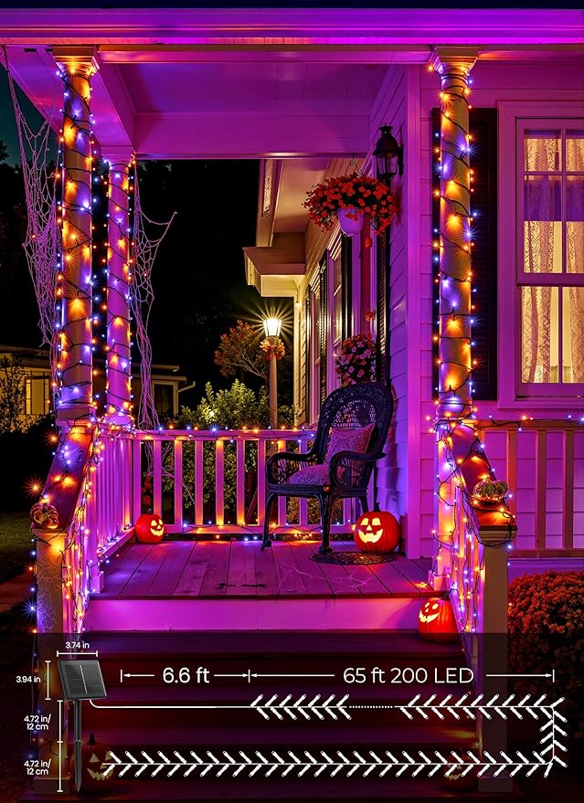 Brightown 2 Pack Halloween Solar String Lights Outdoor, Total 144Ft 400 LED Twinkle Fairy Lights Waterproof with 8 Modes Auto On/Off for Patio Tree Garden Party Home Decorations (Orange&Purple)