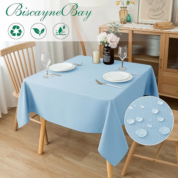 Biscaynebay Fabric Square Tablecloths 70x70 Inches, Light Blue Water Resistant Spill Proof Card Table Cloth Folding Table Cover for Dining, Kitchen, Wedding and Parties, Machine Washable