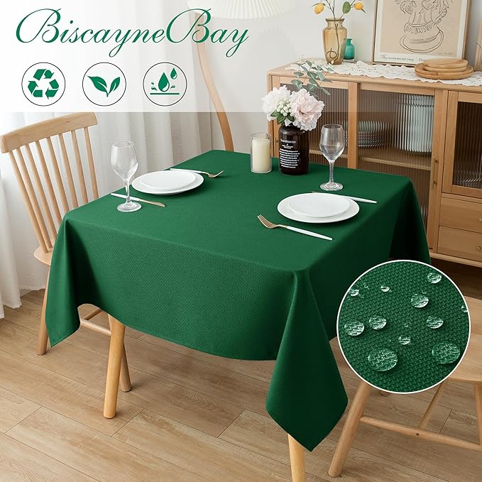 Biscaynebay Textured Fabric Christmas Square Table Cloth 60x60 Inch, Hunter Green Water Resistant Spill Proof Tablecloths for Dining, Kitchen, Wedding and Parties etc. Machine Washable