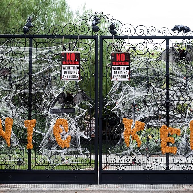 Alotpower Halloween Decorations Metal Tin Sign for Outdoor Yard, Garage Wall, Rustic Vintage No Trespassing We're Tired of Hiding The Bodies, 7.8x11.8in