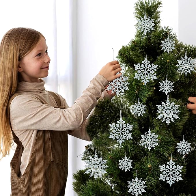 36pcs Iridescent Silver Christmas Snowflake Ornaments, Plastic Sparkling Glitter Hanging Snow Flakes for Christmas Tree Decorations Winter Wonderland Frozen Birthday Party Holiday Home Decor