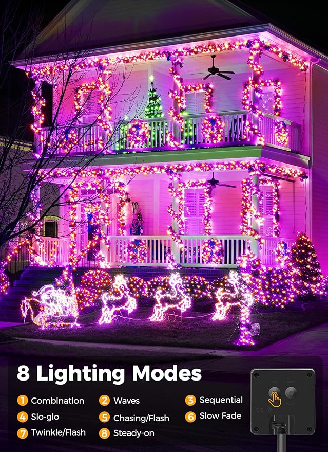 Brightown 2-Pack 400LED 170FT Total Halloween Solar Outdoor Lights IP65 Waterproof Solar Powered Lights with 8 Lighting Modes for Party Garden Yard Home Holiday Tree Decoration Lighting,Orange&Purple