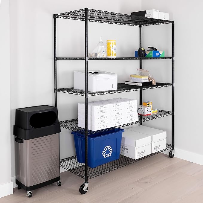 Seville Classics UltraDurable Heavy Duty NSF Solid Steel Wire Rack Storage Unit, Organizer for Garage, Warehouse, Office, Restaurant, Classroom, Kitchen, Black, 5-Tier Shelving, 60" W x 24" D