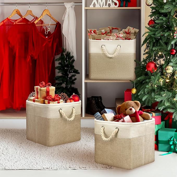 SIMPLE HOUSEWARE Fabric Storage Cubes, 13" x 13" Storage Bin, 3 Pack, Beige