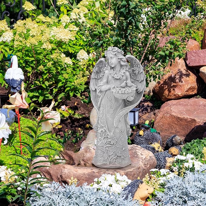 Outdoor Statues Angel Décor Garden Statue- 23.5" H Angel Statue,Resin Angel with Bird Figurine, Ideal for Yard, Patio, Deck, Home Entryway, and Hallway(Grey)