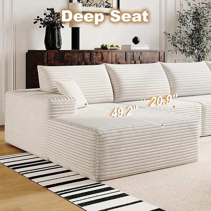 136" Sectional Couches for Living Room Modern Modular Sofa with L-Shape Couchs Upholstered Boneless Couch Deep Seat Sectional Couch with Chaise (White, Left Facing Chaise+3Seaters)