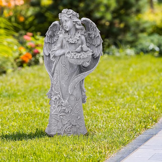 Outdoor Statues Angel Décor Garden Statue- 23.5" H Angel Statue,Resin Angel with Bird Figurine, Ideal for Yard, Patio, Deck, Home Entryway, and Hallway(Grey)
