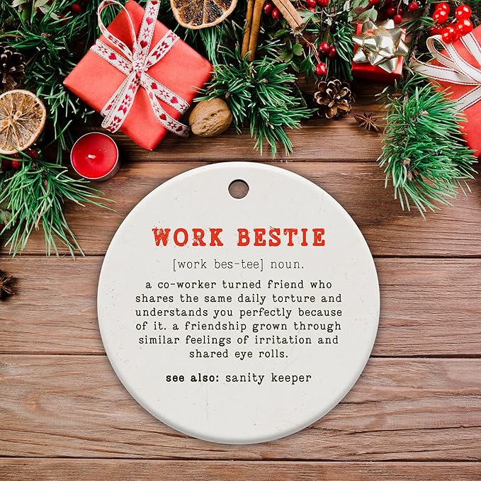 Friendship Gifts for Women, Best Friend, Funny, Work Besties, Sister, Friend Ornaments for Women, Ceramic Christmas Ornaments (Work Besties)