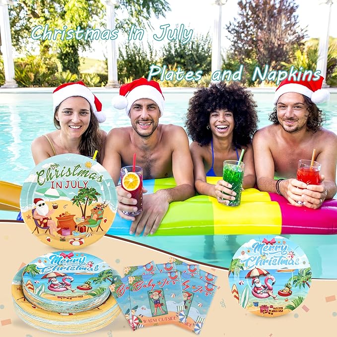 150Pcs Christmas in July Party Decorations Plates Napkins Summer Tropical Hawaiian Christmas Santa Beach Paper Plates for Christmas in July Beach Pool Party Supplies,Serves 50