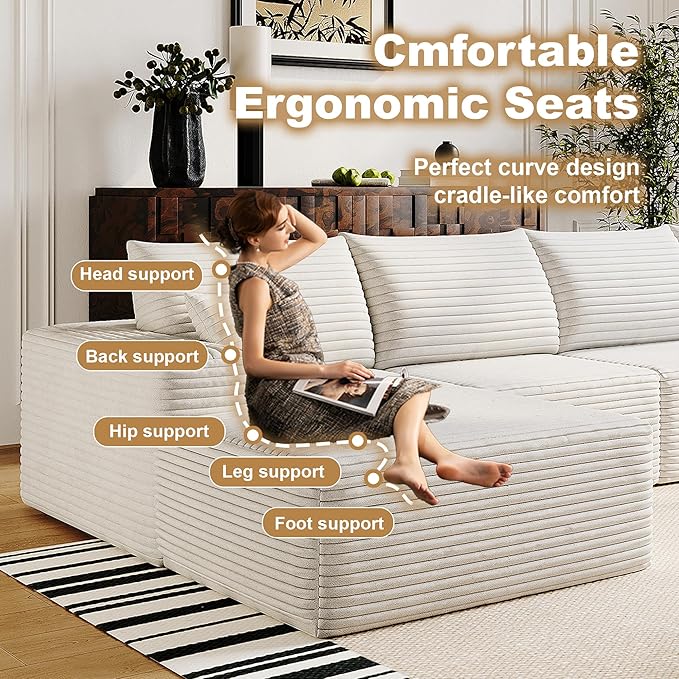 136" Sectional Couches for Living Room Modern Modular Sofa with L-Shape Couchs Upholstered Boneless Couch Deep Seat Sectional Couch with Chaise (White, Left Facing Chaise+3Seaters+Ottoman)