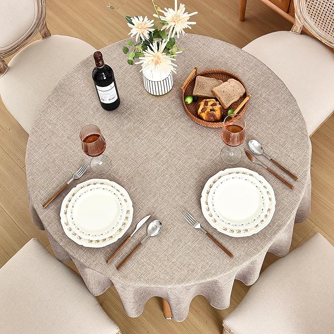 Fitable Faux Linen Round Tablecloths 90 Inch, 6 Pack - Fabric Textured Table Clothes for Round Folding Tables, Washable Neutral Table Covers for Wedding, Party, Banquet, Birthday, Nature Color