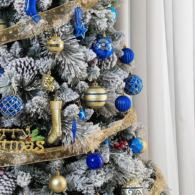 150Pcs Christmas Ball Ornaments Set, Assorted Bauble Ornaments for Xmas Tree, Shatterproof Plastic Hanging Decor for Home/Indoor/Outdoor/Festival/Party (Blue & Gold)
