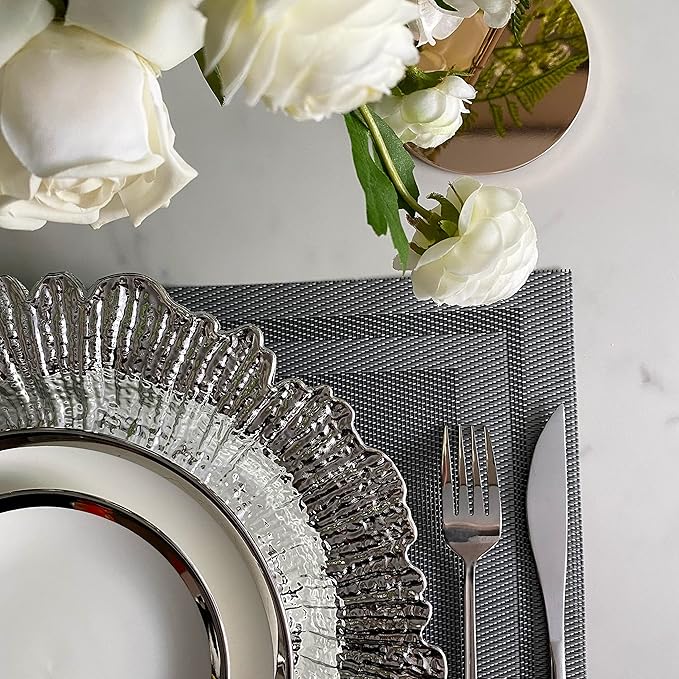 Henilosson 13 inch Silver Charger Plates,Round Plastic Reef Plate Chargers for Dinner Plates,Wedding,Party Elegant Decoration Place mats(24, SILVER)